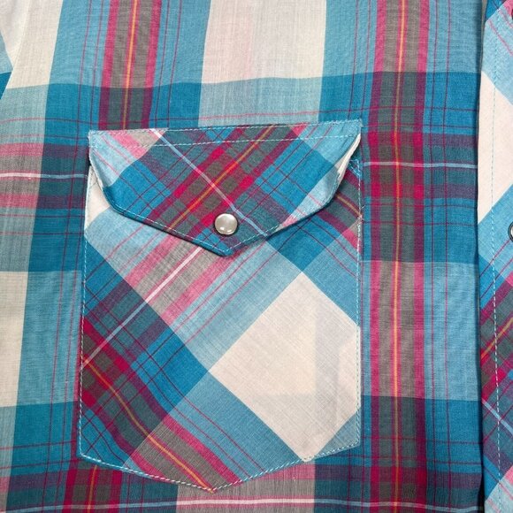 Wrangler Mens Med‎ Western Pearl Snap Short Sleeve Shirt Blue Red Plaid Grandpa - Picture 7 of 13
